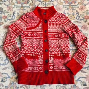 Eddie Bauer Vintage Wool Blend Red and White Fairisle Cardigan Women's XS